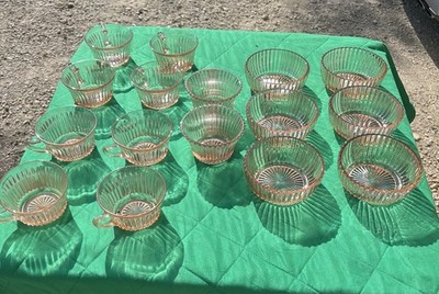 16 Pink Ribbed Depression Glass Queen Mary  Tea/ Coffee Cups Bowls VG