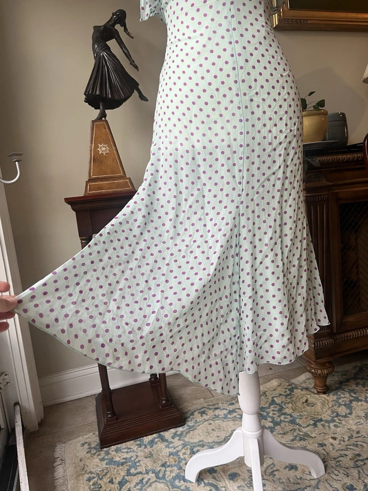 Vestido italiano vintage Emanuel Ungaro verde azulado y morado lunares 100% seda Foto 4 de 4