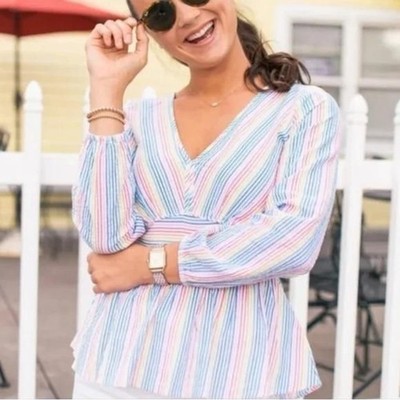 J.Crew Re-Imagine Womens Multicolor Striped V-Neck Peplum Top Blouse Size 10