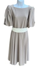 Vintage Women's Prairie Dress Beige Tan Cream Dot Belted Size Medium/Large