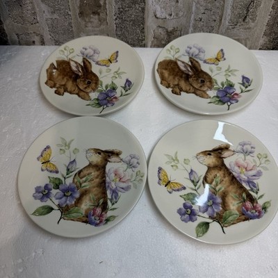 4- Maxcera Ceramic Floral Spring Bunny & Butterflies Side/Dessert Plate Set 6''