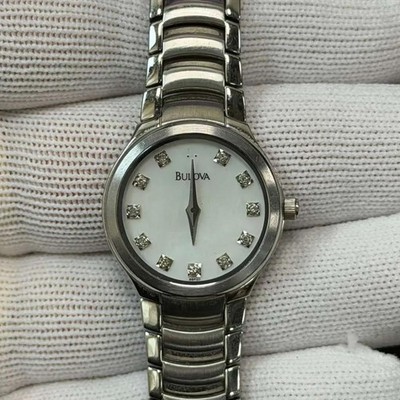Bulova 23mm Stainless Steel White MOP Diamond Dial Ladies Quartz Watch 96P20
