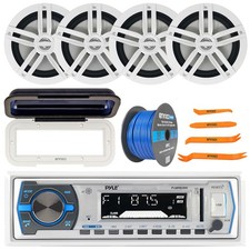 Pyle Marine USB AUX Radio Receiver W/Cover, 4x 6.5" 180W Speakers, Speaker Wire