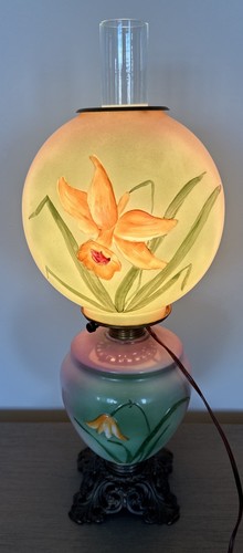 Oil Lamp GWTW Embossed Hand Painted IRIS Flowers Pink Green Beautiful 23” Tall - Picture 13 of 24