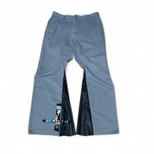 Gray custom upcycled jeans with black leather flares and patchwork 1of1 Sz 32