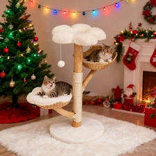 Solide véritable bois chat arbre tour chat Kitty Scratching Post 3 Branches avec paniers