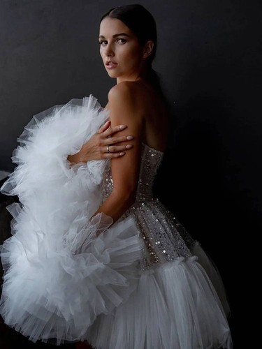 Wedding Short Dress Half Sleeve Strapless A Line Lace Sequins Ruffles Layered - Picture 18 of 22