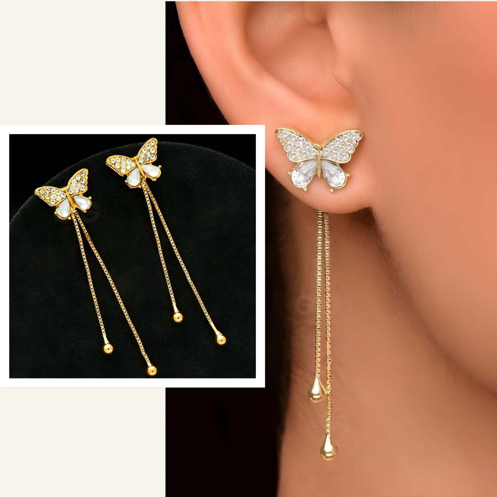 Gold Butterfly Dangle Thread Earrings with Cubic Zirconia Stones