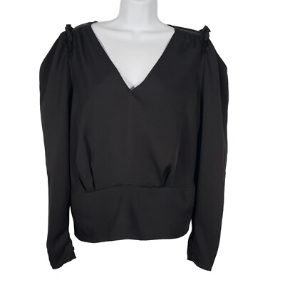 Express Womens Puff Sleeve V-neck Ruffle Shoulder Long Sleeve Top Black  Size L