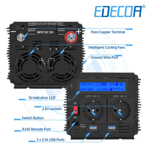 EDECOA 2000W 4000W Power Inverter 12V 220V 230V Convertitore USB LCD - Afbeelding 2 van 9