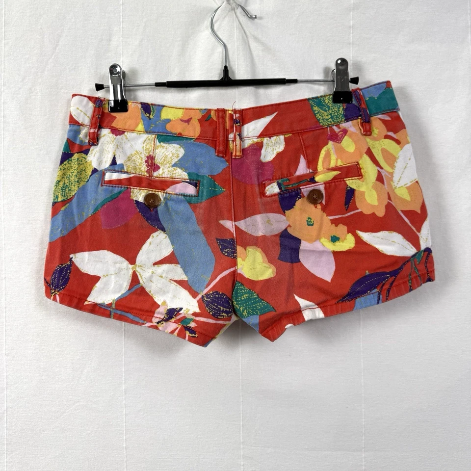 Pantalones Cortos Roxy Jean Junior Talla 3 Rojo Hawaiano Tropical Floral Tiro Bajo Denim Foto 4 de 4