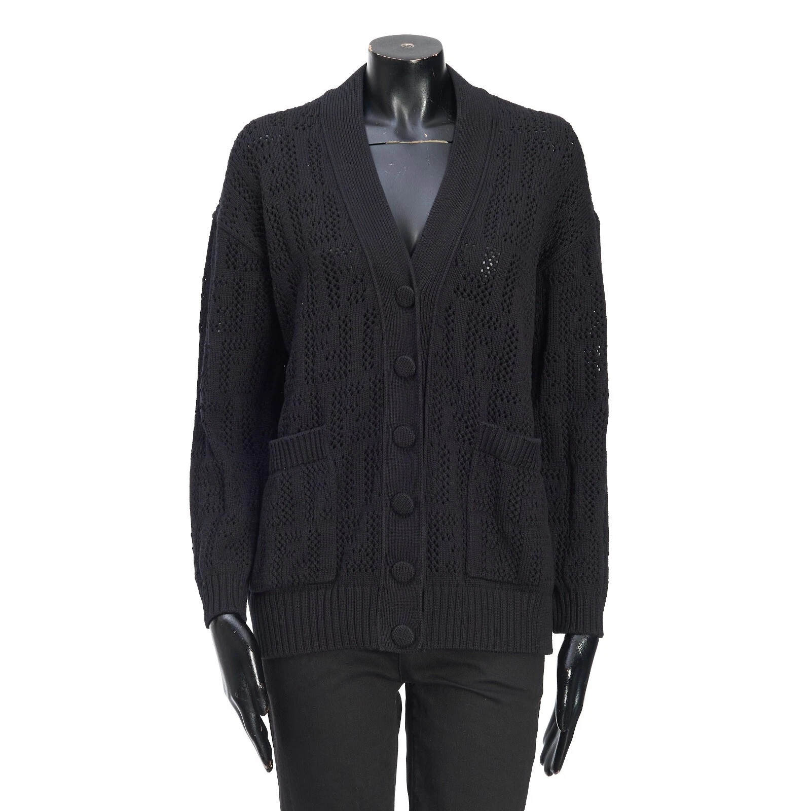 Fendi — FENDI 1290$ Black Cotton Cardigan - Perforated FF Motif
