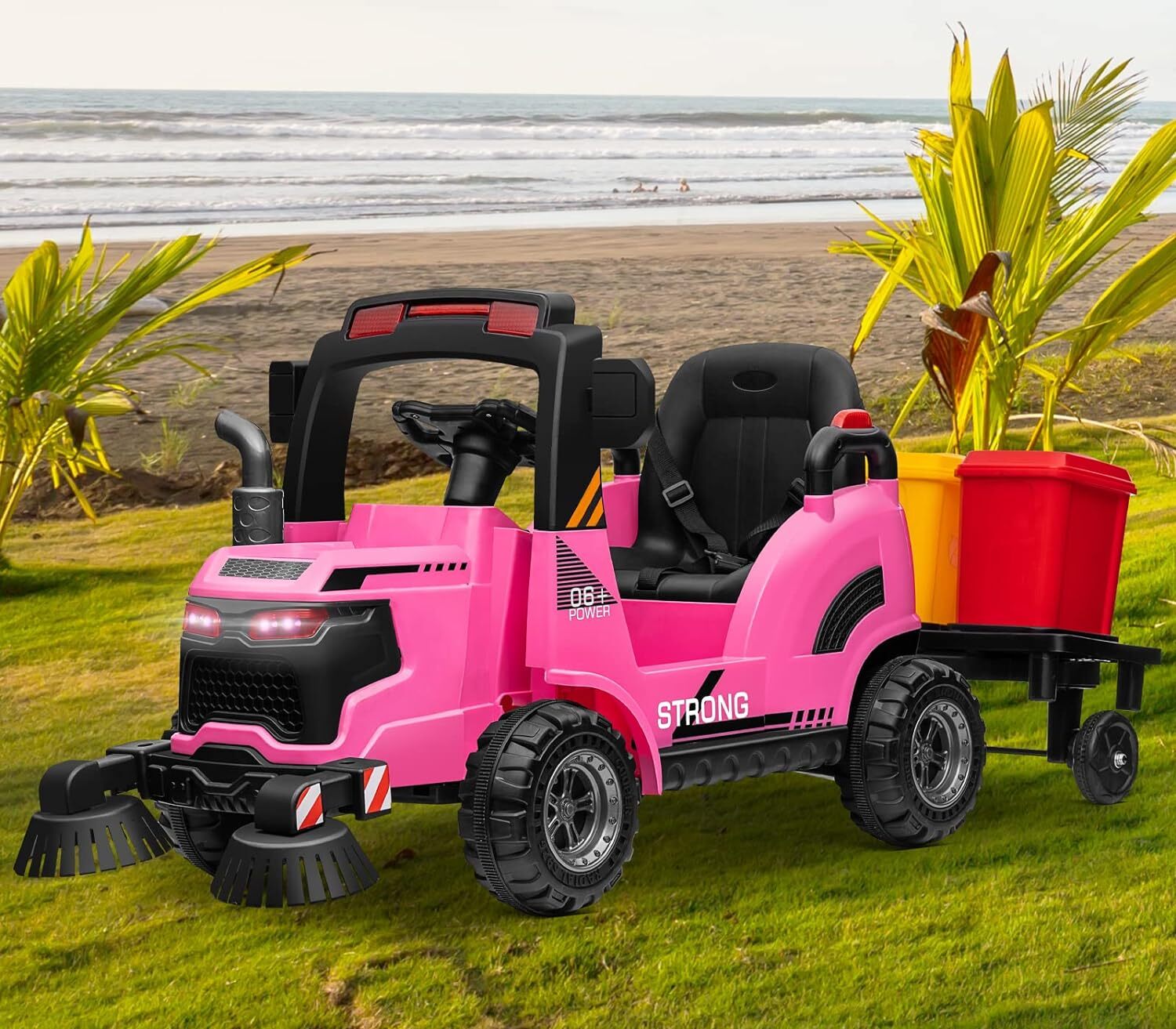 ZEOPHOL 12V Kids Ride On Toy Sweeper Truck Construction Car Trailer&Rubbish Bin