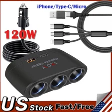 3 Way Car Cigarette Lighter Socket Splitter USB Fast Charger Power Adapter 12V