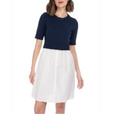 Bobeau SS MIXED MEDIA DRESS Navy Sweater Top Poplin Skirt Shirt Dress Size Large