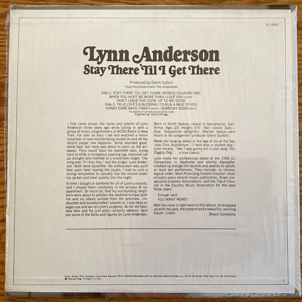 Lynn Anderson “Stay There ‘Til I Get There" 33 1/3 rpm LP record, LE10053 - Image 2 of 4