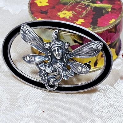 Jugendstil Brosche Ari D. Norman London 925 Silber Emaille schwarz Zirkonia