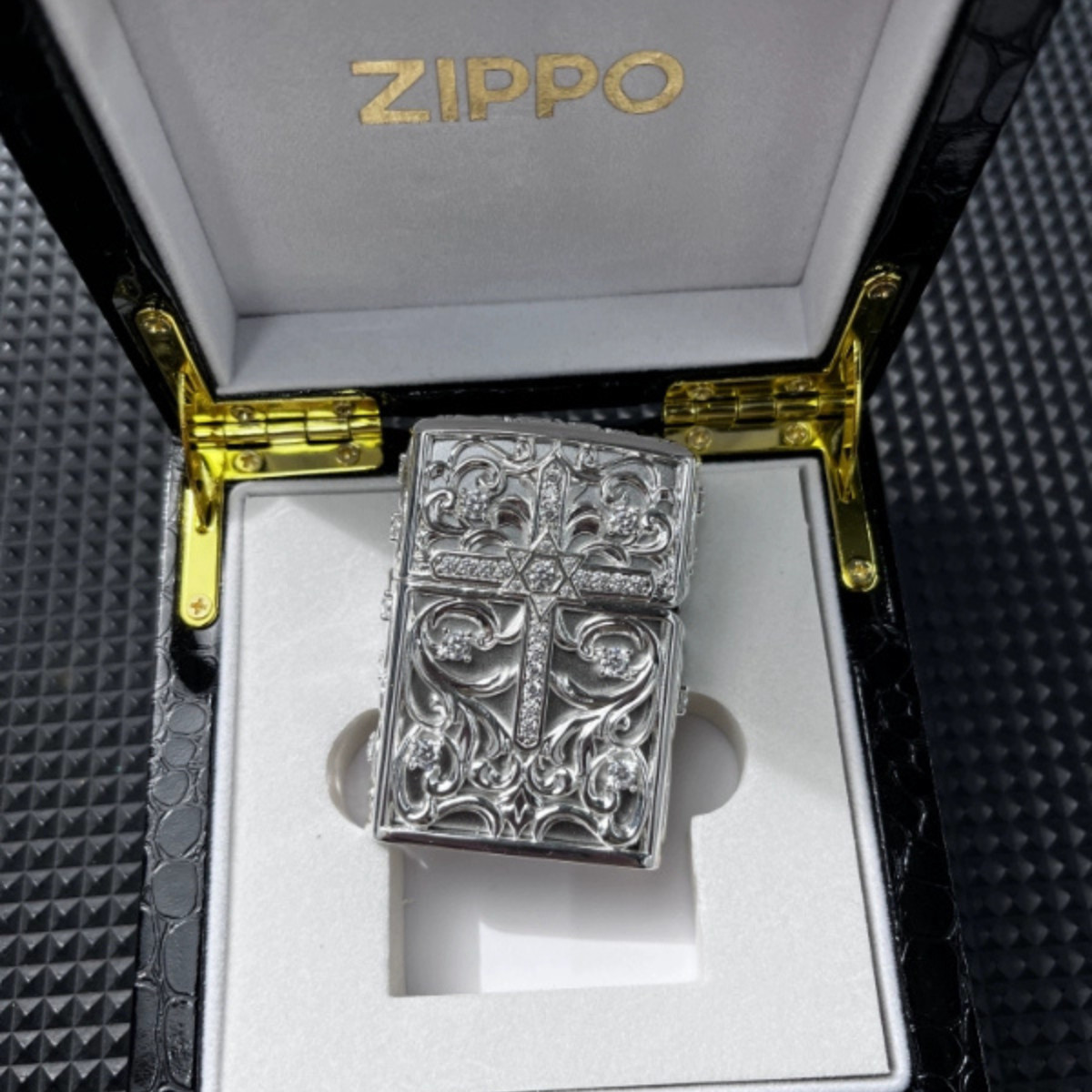 Luxury Zippo Lighter Diamond Cross, Silver Engraved Gift Set with Box