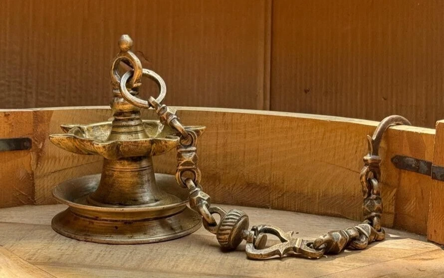 Antique Brass Hanging Diya Oil Light Lamp With Chain Original Old Fine Engraved - Image 2 of 4