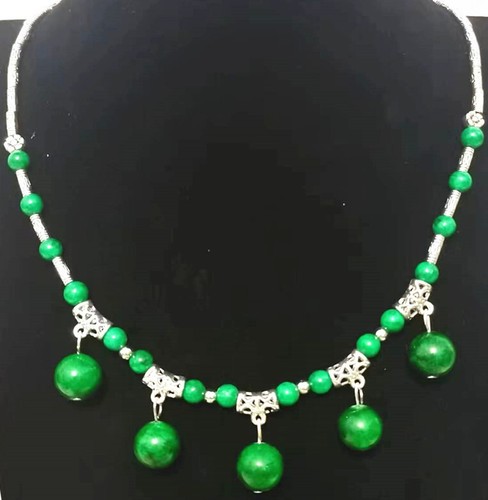 Damen Halskette Tibetisches Silber Halskette Grüner Jaspis Perlen Anhänger Schmuck