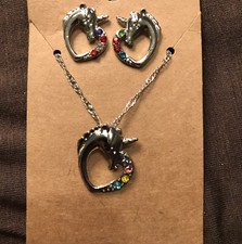 Silver Colored Unicorn Necklace  Earrings Set