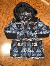 Joujou M Blue Aztec Western Southwest Print Jacket Women Fur Trim Hood Removable