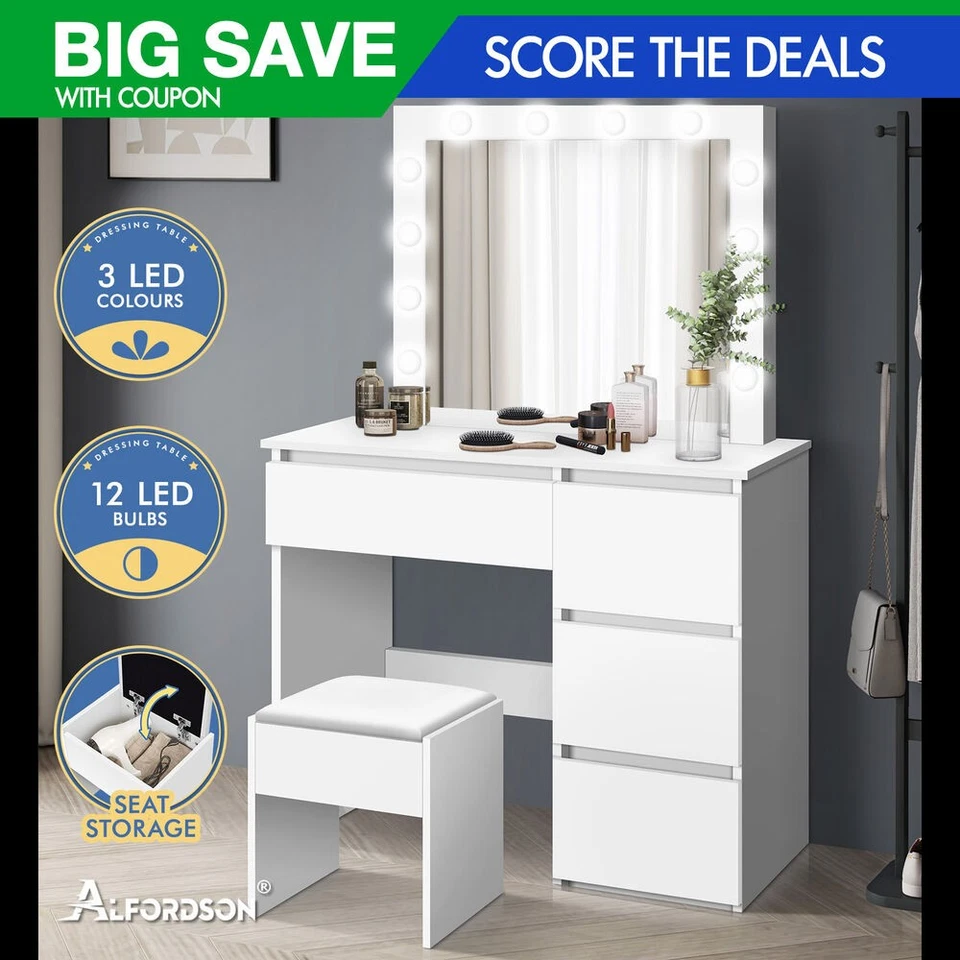 ALFORDSON Dressing Table Stool Set Makeup Mirror Desk LED 12 Bulbs White
