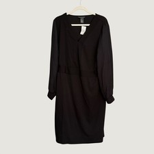 Ashley Stewart Black V-Neck Sheer Long Sleeve Dress Plus Size 22/24 NWT
