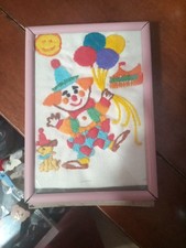 Framed Handmade Needlepoint Yarn Clown Picture Art 7 1/4"x 5 1/8"