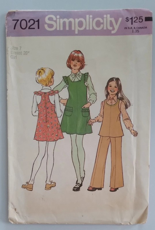 1975, SIMPLICITY #7021 GIRL'S SIZE 7 JUMPER TOP/BLOUSE & PANTS PATTERN UNCUT