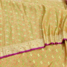 Indian Vintage Sari Beige Heavy Pure Silk Woven Banarasi Brocade Saree Fabric 5Y
