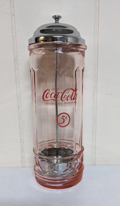 Vtg Coca Cola 30's Pink Depression Glass & Chrome Soda Fountain Straw Dispenser