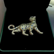 Stunning 3.03ctw Rose Cut Diamond Sapphire Vintage Silver Panther Brooch Jewelry