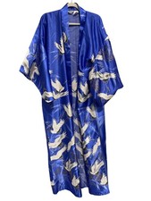 Kimono Robe Elegant Japanese White Crane Design Open Front 56 in Satin Lounge