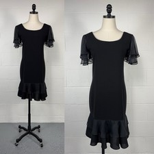 Vintage 90s Does 60s Black Mini Dress Scoop Neck Flutter Sleeves Mod Babydoll 8