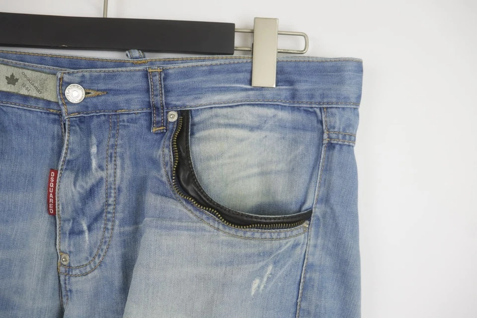 Pantalones Cortos de Jean Dsquared2 Azul Denim Algodón Envejecido Rojo Pestaña 5 Bolsillos Talla 31 Foto 3 de 4