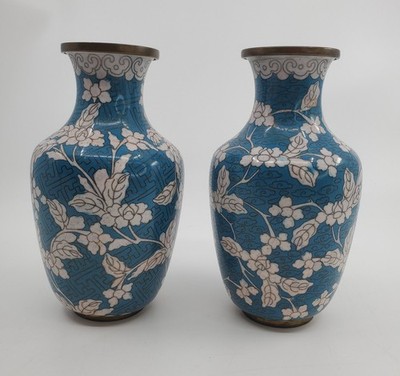 Matching Pair of Cloisonné Vases Asian/Chinese Traditional Enamel Technique Vint