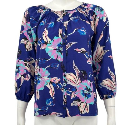 Yumi Kim Top Womens Small Blue Isi Button Up Dark Floral Boho Office Smocked