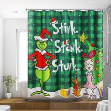 Christmas Shower Curtain and Ring Set, Green Shower Curtain with 12 Plastic H...