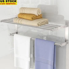 Wall Mounted Towel Rack W/ Shelf Stainless Steel Bathroom Storage Organizer New