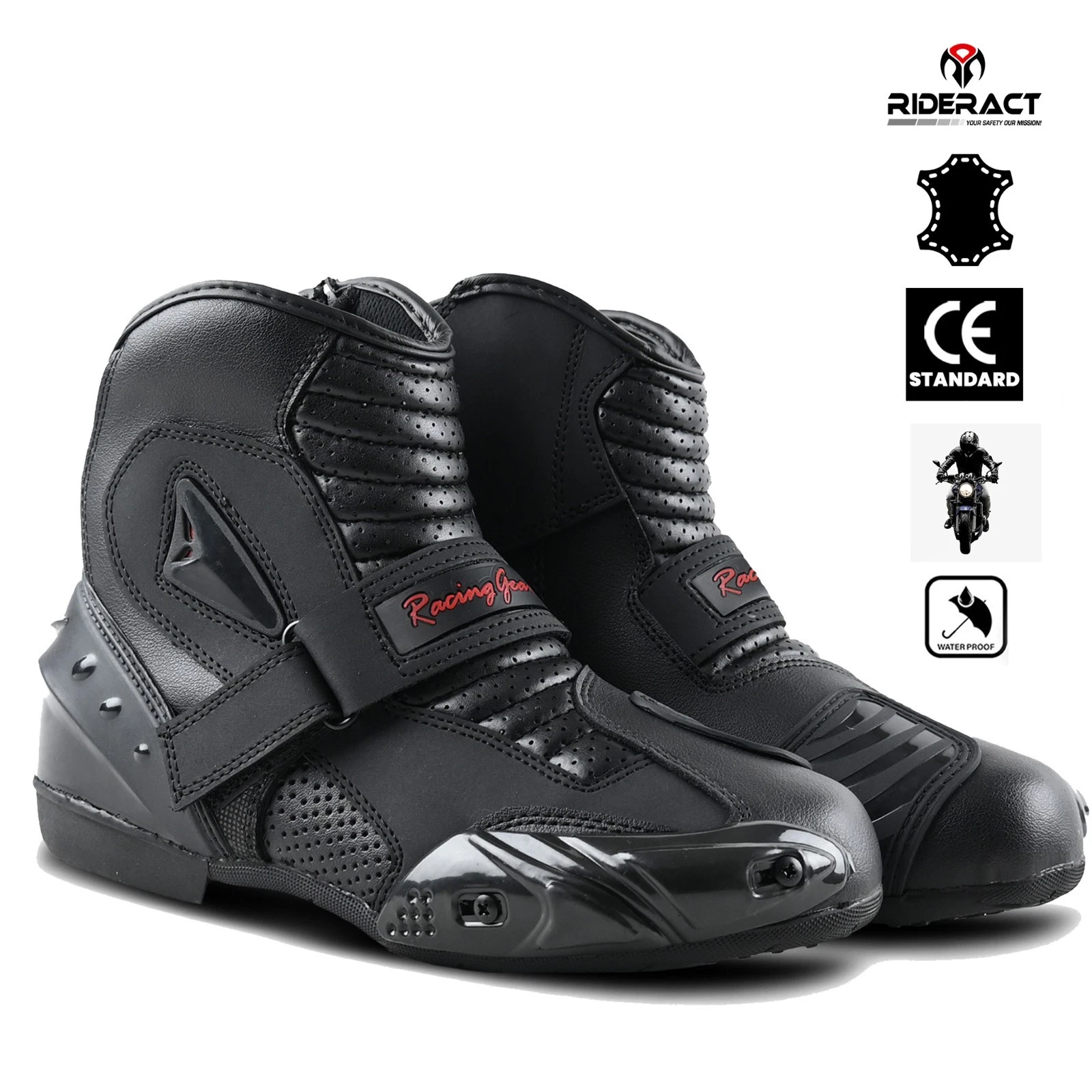 RIDERACT Mens Waterproof Motorcycle Boots Leather Motorbike Riding Shoes Black