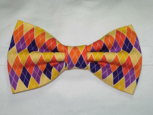 Trendy Autumn Bow Tie, Bright Orange, Yellow & Purple Argyle, Pre-tied Bow tie - Picture 3 of 3