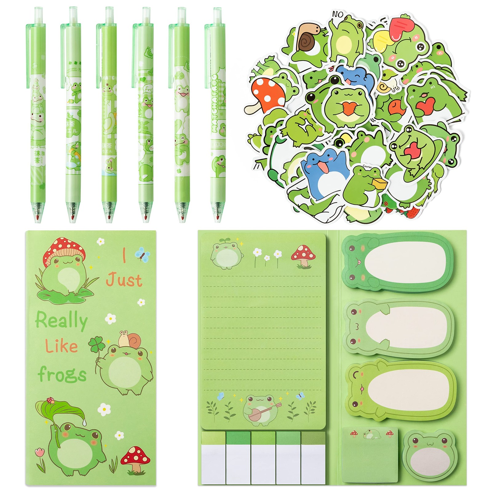 57Pcs Frog Sticky Notes with Pen Stickers Stationery Set 0.5mm Black Gel Ball...