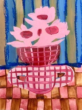 Hand-Painted Original Pink Rose Sun Flower on Stripe Painting 12x9 inches