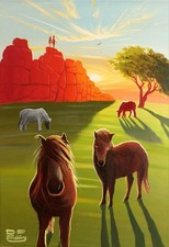 Derrick Fielding Art Original Gemälde "Tangled Tails Of Dartmoor" Sonnenuntergang Pony