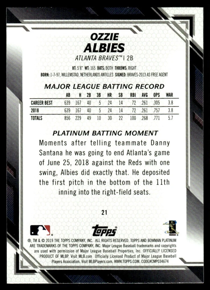 2019 Topps Museum Collection Ozzie Albies Atlanta Braves #5 - Image 2 of 2