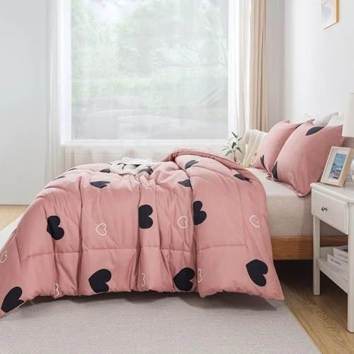  Conjunto de edredón con patrón de corazón para niñas talla lindo amor sexy rosa pálido completo Foto 3 de 4