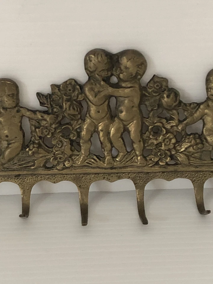 Vintage Brass Key Holder Cherubs Flowers 6 Hooks 22cm Long Wall Mount - image 3 of 4