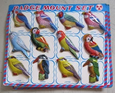 Vintage Set of 12 Badge Mount Tin Brooch Set Japan Birds Colorful Variation