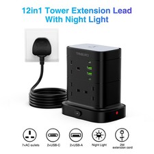 Smart Tower Vertical Power Strip Extension Lead Sockets 7 Ways + 4 USB 2M Cable